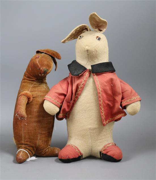 Two rabbits, one felt with vintage clothes, circa 1910, one velvet circa 1910 H.8in.